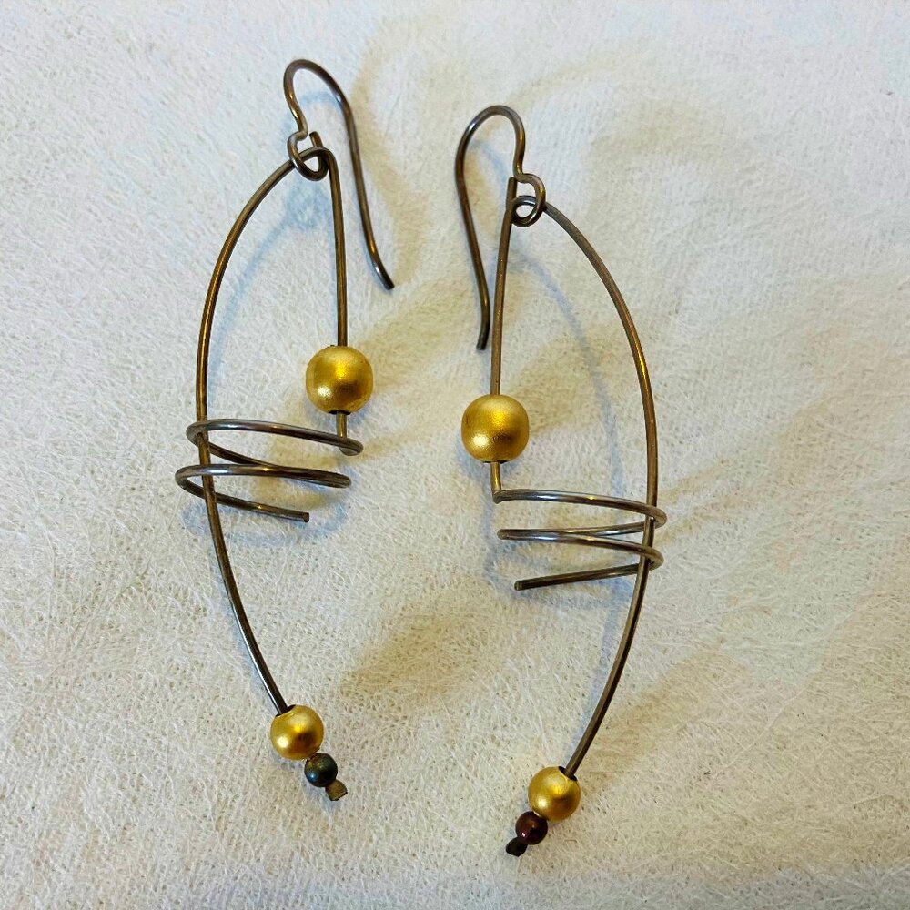 Spiral Mixed Metal Earrings Silver Wire Gold Beaded Unique Handmade Hook New